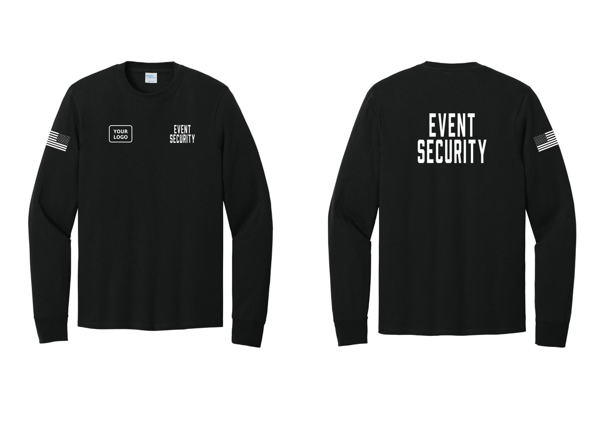 NYC Factory Custom Logo Event Security Cotton Long Sleeve T-Shirt (Classic) - EVENT SECURITY + Your Logo + Back + US Flag Sleeve - Black