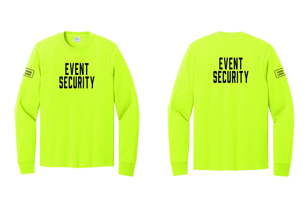 NYC Factory Custom Logo Event Security Cotton Long Sleeve T-Shirt (Classic) - Front + Back + Your Logo Sleeve - Safety Green