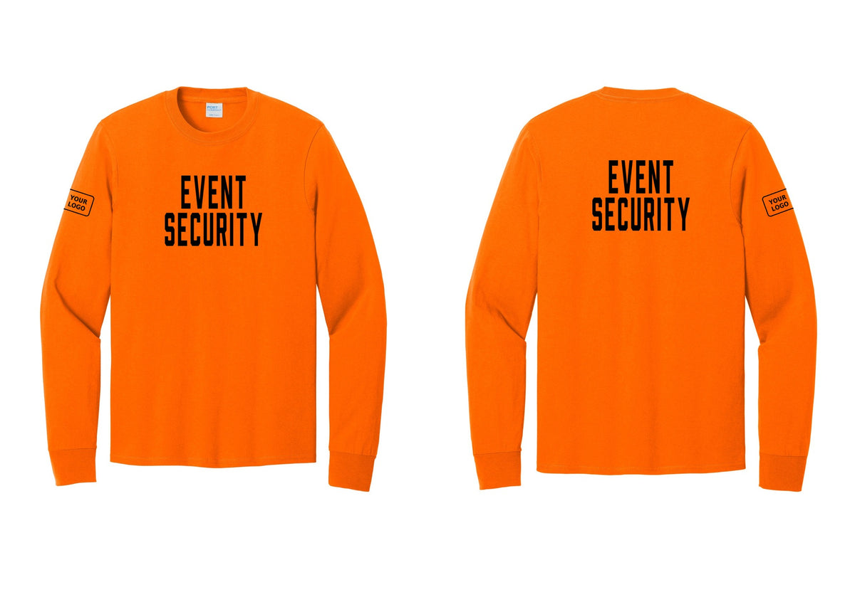 NYC Factory Custom Logo Event Security Cotton Long Sleeve T-Shirt (Classic) - Front + Back + Your Logo Sleeve - Safety Orange
