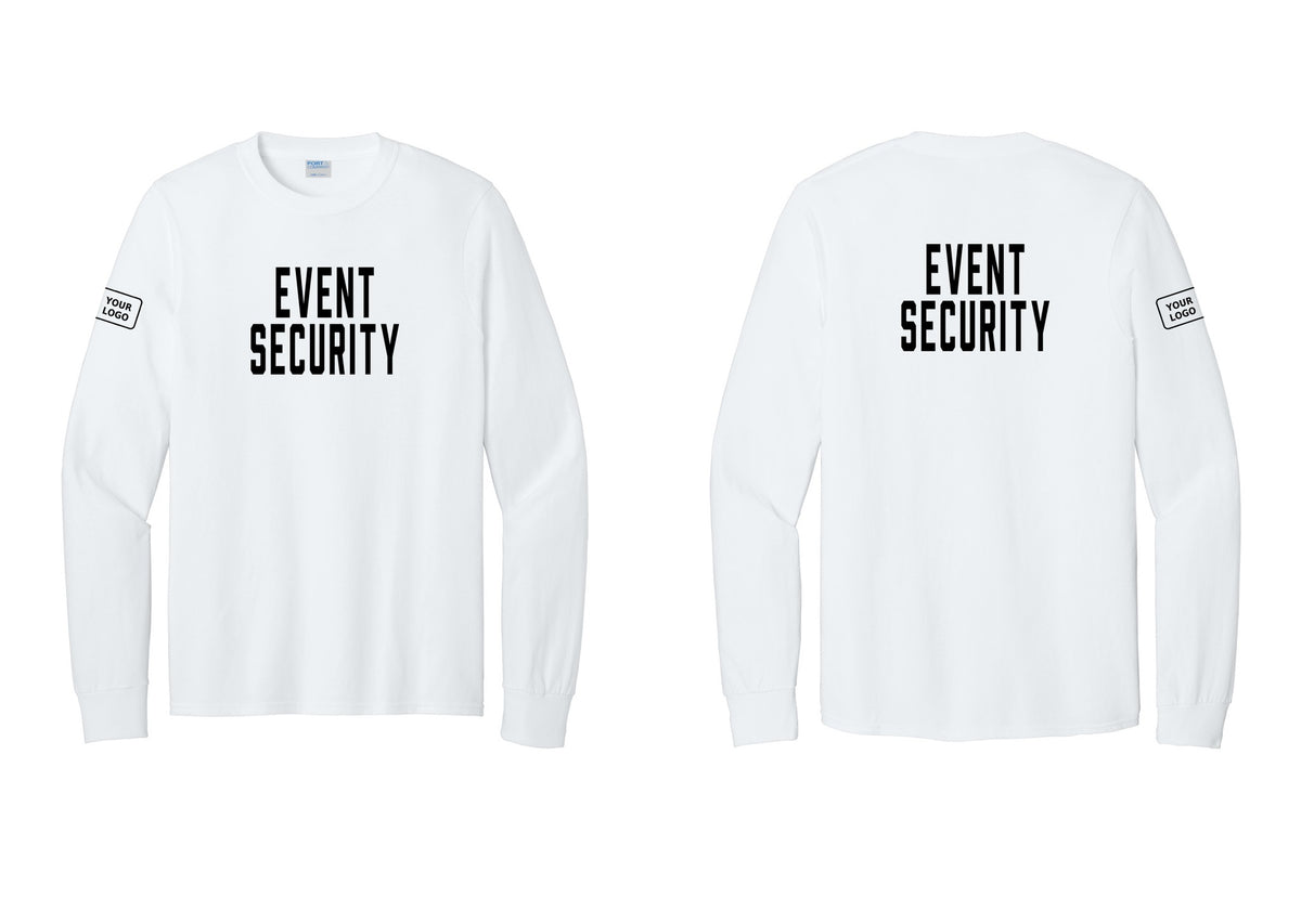 NYC Factory Custom Logo Event Security Cotton Long Sleeve T-Shirt (Classic) - Front + Back + Your Logo Sleeve - White