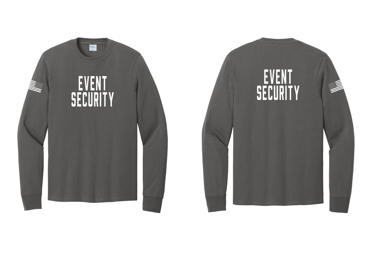 NYC Factory Event Security Cotton Long Sleeve T-Shirt (Classic) - Front + Back + US Flag Sleeve - Charcoal