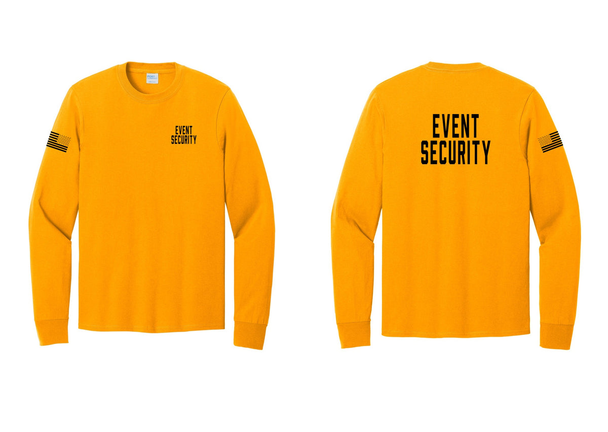 NYC Factory Event Security Cotton Long Sleeve T-Shirt (Classic) - Chest + Back + US Flag Sleeve - Gold