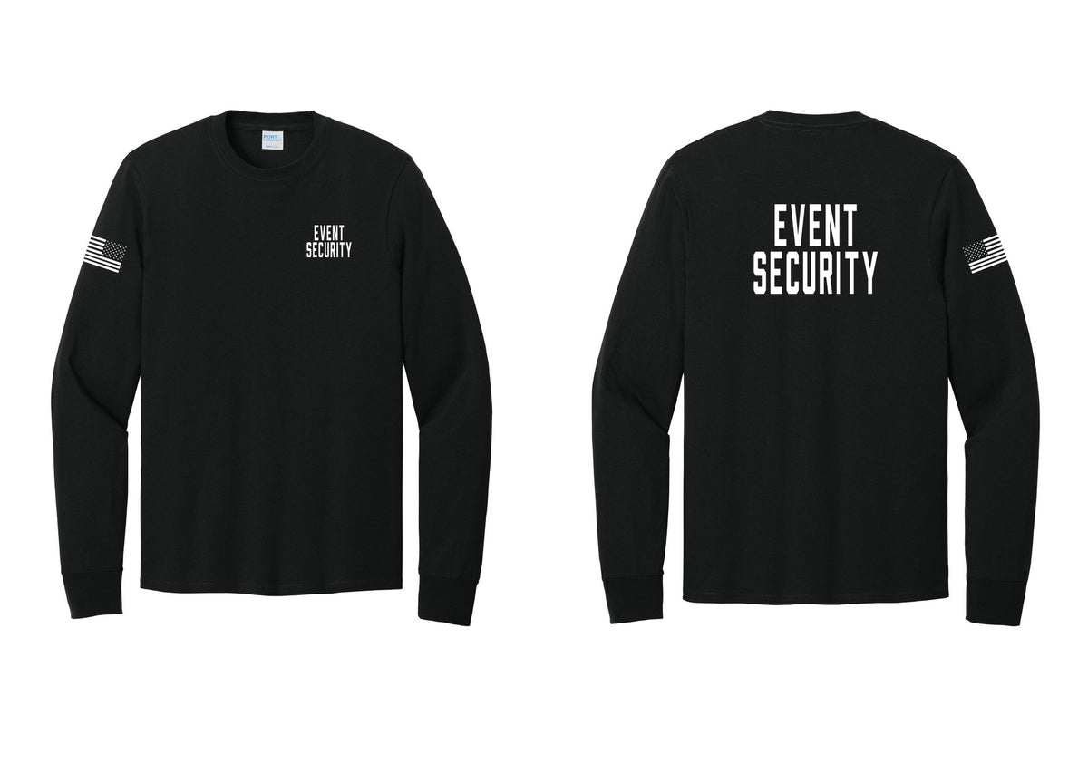 NYC Factory Event Security Cotton Long Sleeve T-Shirt (Classic) - Chest + Back + US Flag Sleeve - Black