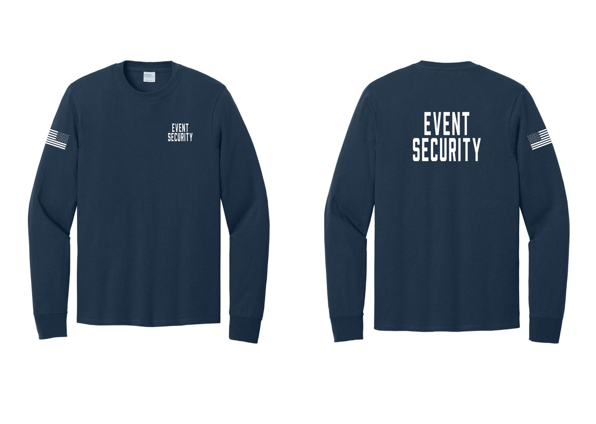 NYC Factory Event Security Cotton Long Sleeve T-Shirt (Classic) - Chest + Back + US Flag Sleeve - Navy