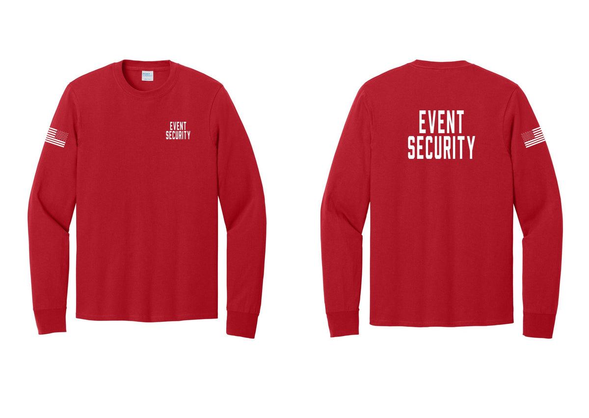 NYC Factory Event Security Cotton Long Sleeve T-Shirt (Classic) - Chest + Back + US Flag Sleeve - Red