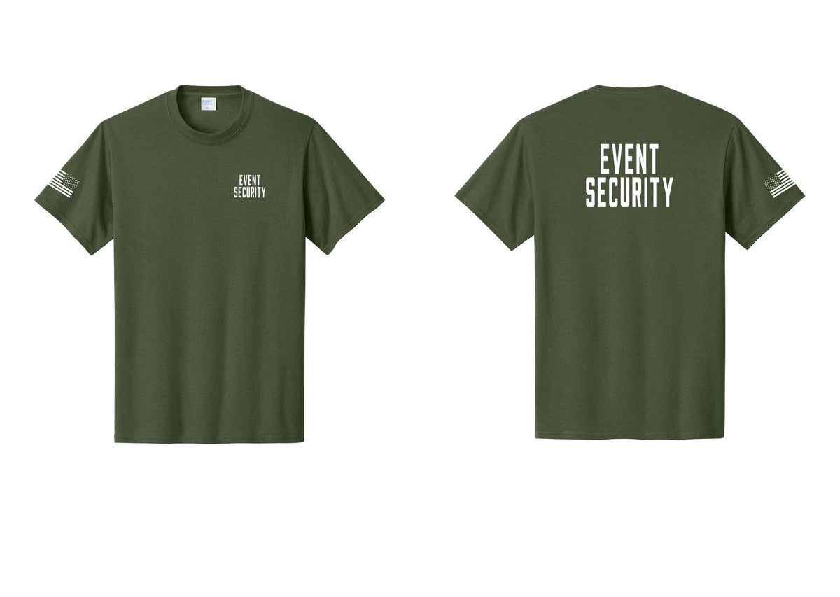 NYC Factory Event Security T-Shirt for Venues & Crowd Management (Classic) - Chest + Back + US Flag Sleeve - Olive