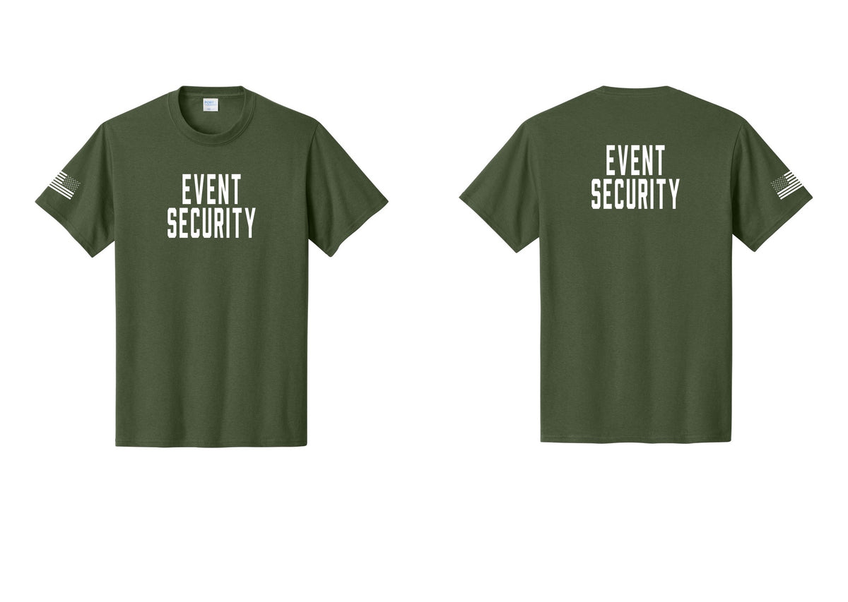 NYC Factory Event Security T-Shirt for Venues & Crowd Management (Classic) - Front + Back + US Flag Sleeve - Olive