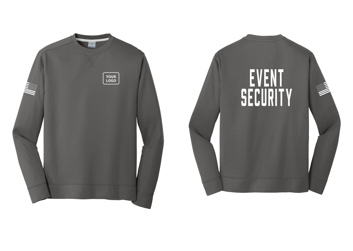 NYC Factory Custom Logo Event Security Performance Fleece Crewneck Sweatshirt (Classic) - Your Logo + Back + US Flag Sleeve - Charcoal