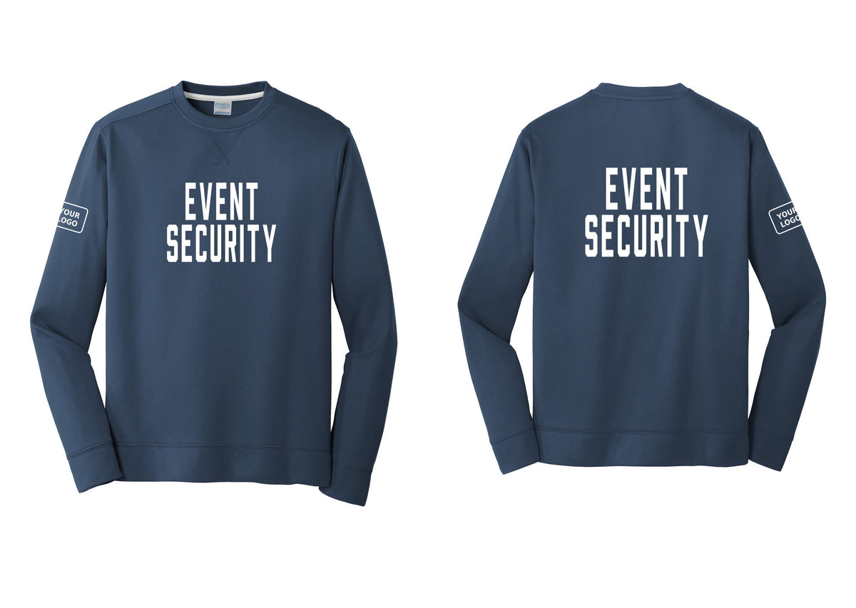 NYC Factory Custom Logo Event Security Performance Fleece Crewneck Sweatshirt (Classic) - Front + Back + Your Logo Sleeve - Navy