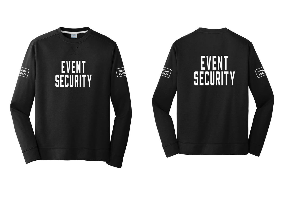 NYC Factory Custom Logo Event Security Performance Fleece Crewneck Sweatshirt (Classic) - Front + Back + Your Logo Sleeves - Black