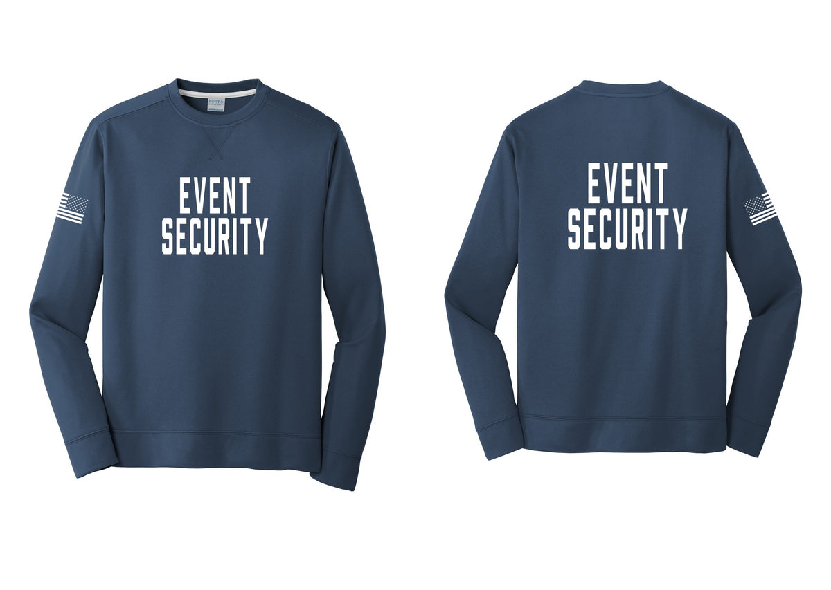 NYC Factory Event Security Performance Fleece Crewneck Sweatshirt (Classic) - Front + Back + US Flag Sleeve - Navy