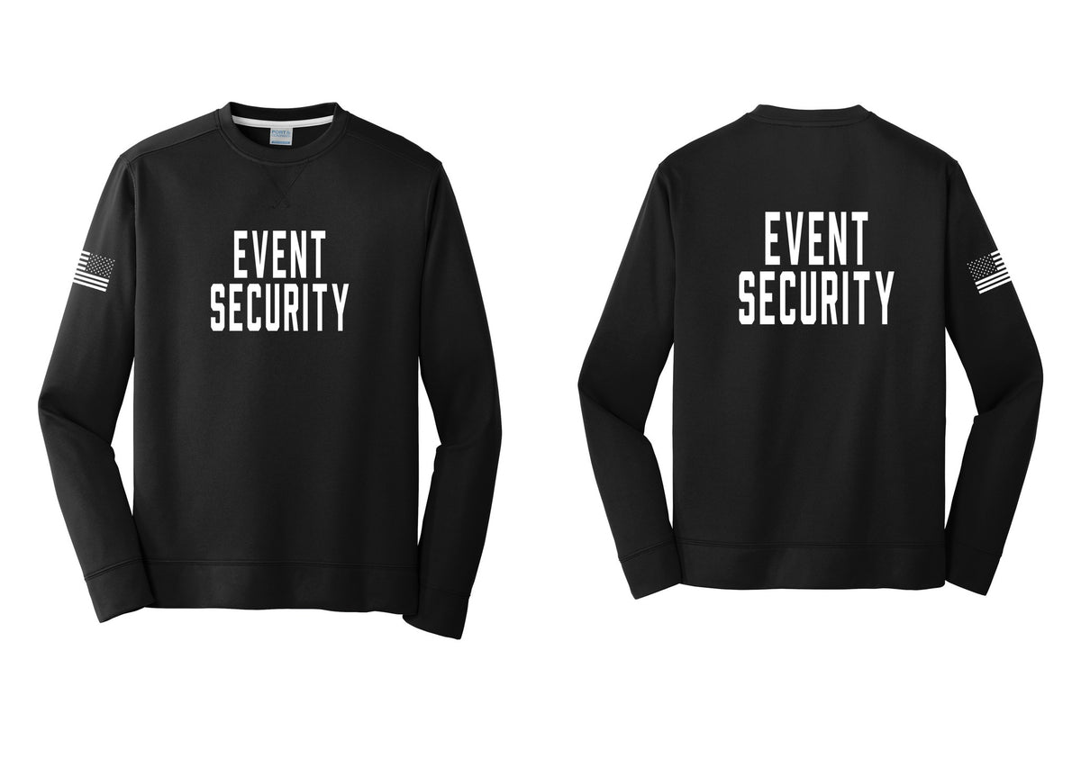 NYC Factory Event Security Performance Fleece Crewneck Sweatshirt (Classic) - Front + Back + US Flag Sleeve - Black