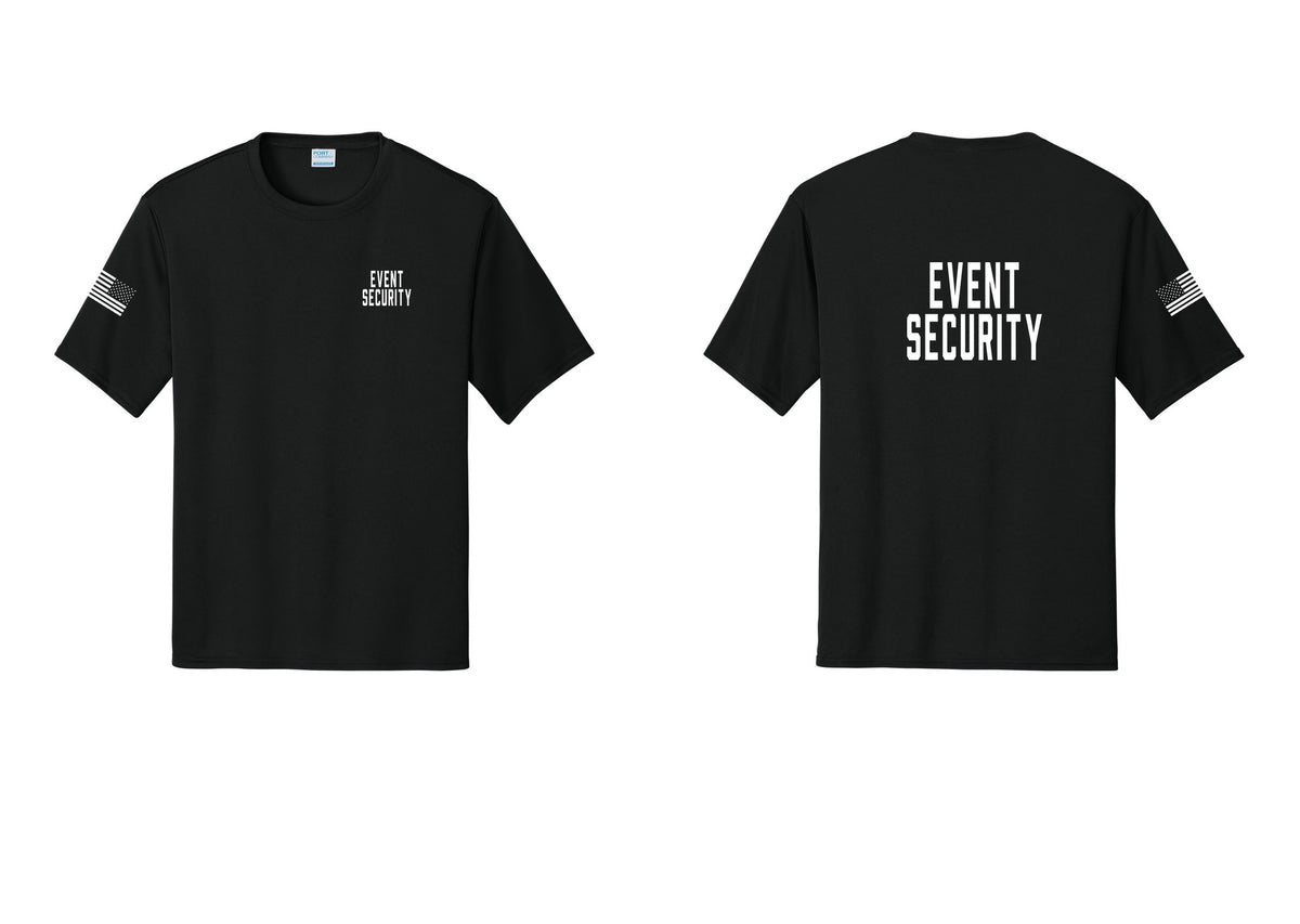 NYC Factory Event Security Performance T-Shirt (Classic) - Chest + Back + US Flag Sleeve - Black