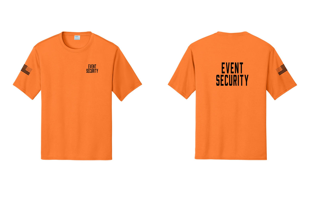 NYC Factory Event Security Performance T-Shirt (Classic) - Chest + Back + US Flag Sleeve - Neon Orange