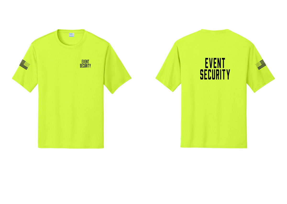 NYC Factory Event Security Performance T-Shirt (Classic) - Chest + Back + US Flag Sleeve - Neon Yellow