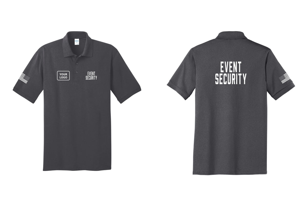 NYC Factory Custom Logo Event Security Polo Shirt (Classic) - EVENT SECURITY + Your Logo + Back + US Flag Sleeve - Charcoal