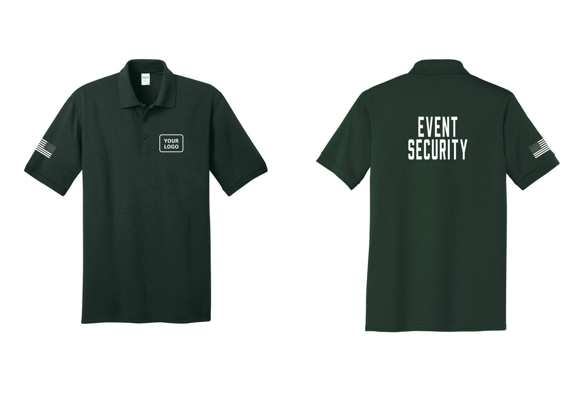 NYC Factory Custom Logo Event Security Polo Shirt (Classic) - Your Logo + Back + US Flag Sleeve - Dark Green
