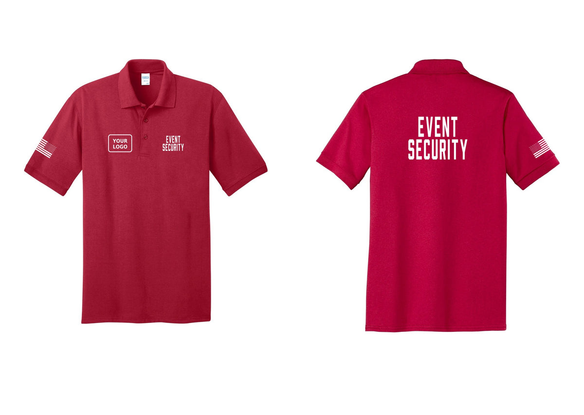 NYC Factory Custom Logo Event Security Polo Shirt (Classic) - EVENT SECURITY + Your Logo + Back + US Flag Sleeve - Red