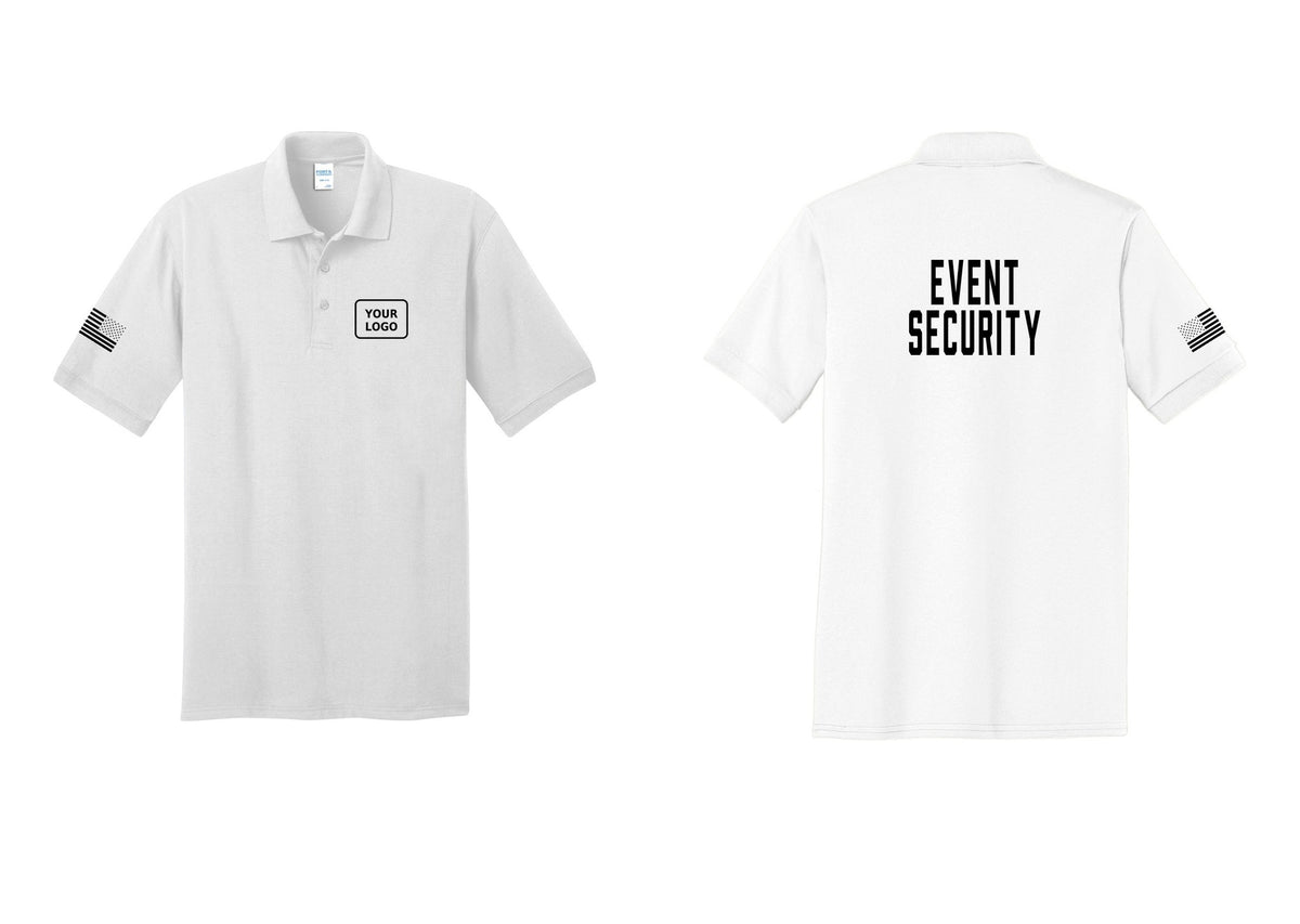 NYC Factory Custom Logo Event Security Polo Shirt (Classic) - Your Logo + Back + US Flag Sleeve - White