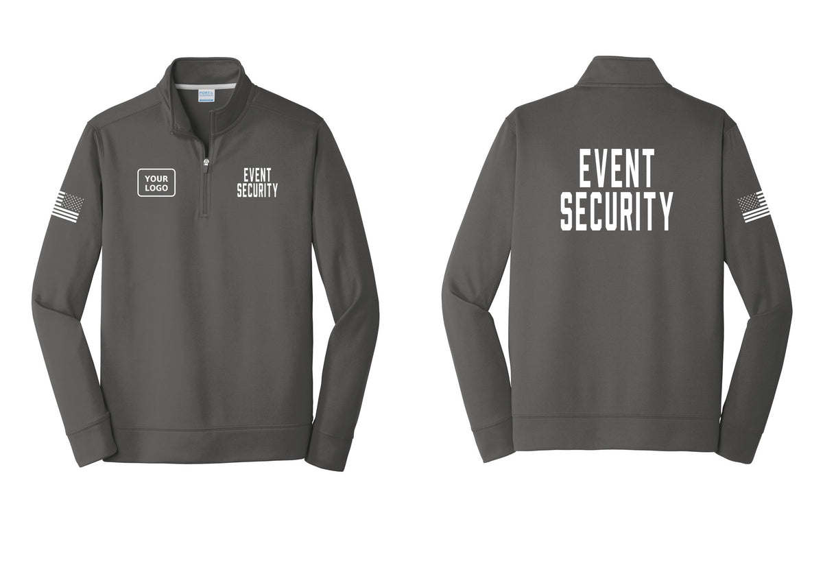 NYC Factory Custom Logo Event Security Performance Fleece 1/4-Zip Pullover Sweatshirt (Classic) - EVENT SECURITY + Your Logo + Back + US Flag Sleeve - Charcoal
