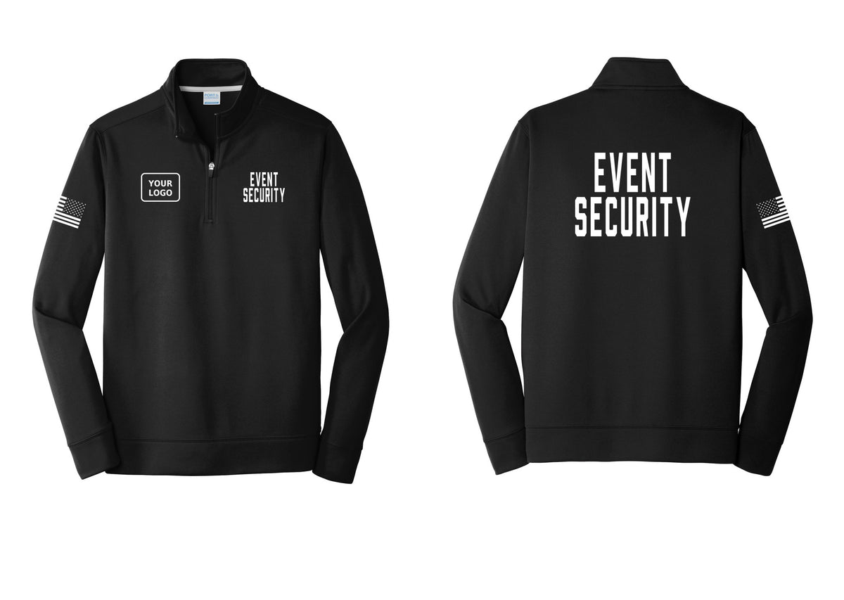 NYC Factory Custom Logo Event Security Performance Fleece 1/4-Zip Pullover Sweatshirt (Classic) - EVENT SECURITY + Your Logo + Back + US Flag Sleeve - Black
