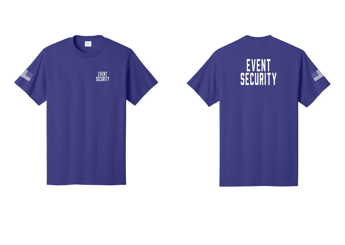 NYC Factory Event Security T-Shirt for Venues & Crowd Management (Classic) - Chest + Back + US Flag Sleeve - Purple