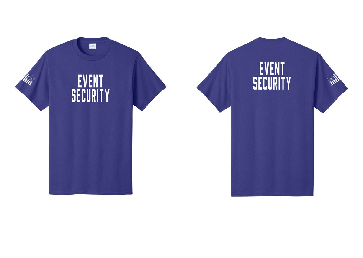 NYC Factory Event Security T-Shirt for Venues & Crowd Management (Classic) - Front + Back + US Flag Sleeve - Purple