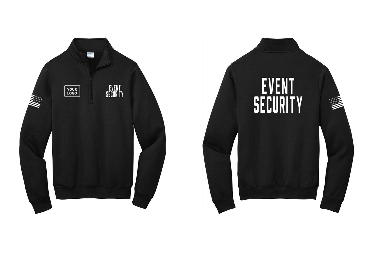 NYC Factory Custom Logo Event Security Cotton Fleece 1/4-Zip Pullover Sweatshirt (Classic) - EVENT SECURITY + Your Logo + Back + US Flag Sleeve - Black