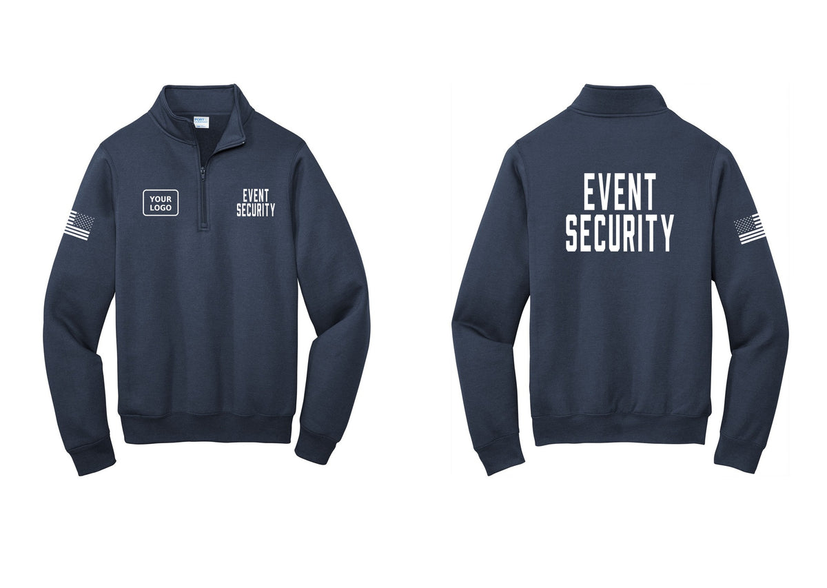 NYC Factory Custom Logo Event Security Cotton Fleece 1/4-Zip Pullover Sweatshirt (Classic) - EVENT SECURITY + Your Logo + Back + US Flag Sleeve - Navy