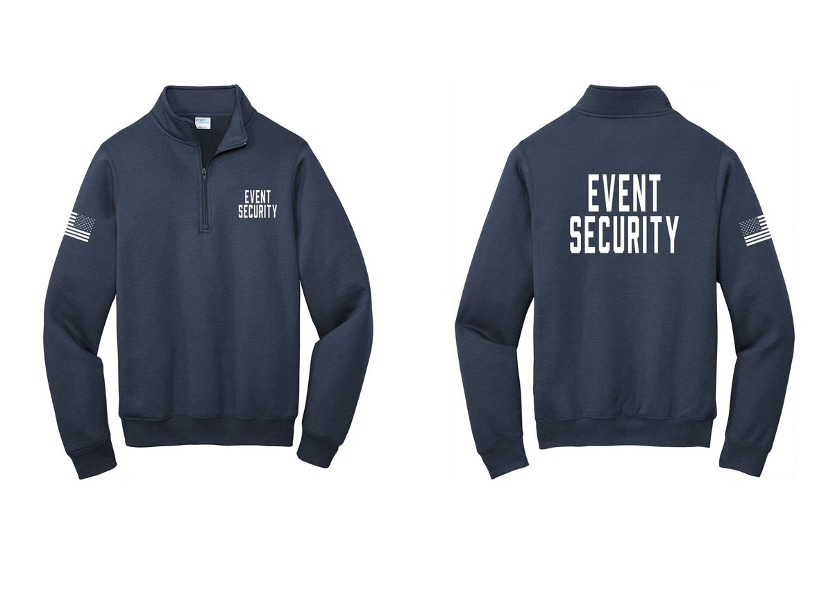 NYC Factory Event Security Cotton Fleece 1/4-Zip Pullover Sweatshirt (Classic) - Chest + Back + US Flag Sleeve - Navy