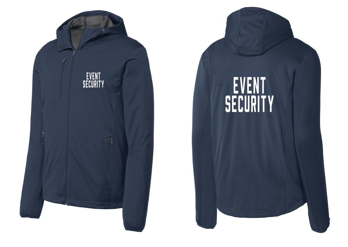 NYC Factory Event Security Soft Shell Hooded Jacket (Classic) - Chest + Back - Dress Blue Navy