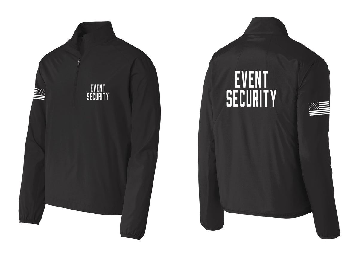 NYC Factory Event Security Windbreaker 1/2-Zip Pullover (Classic) - Chest + Back + US Flag Sleeve - Black
