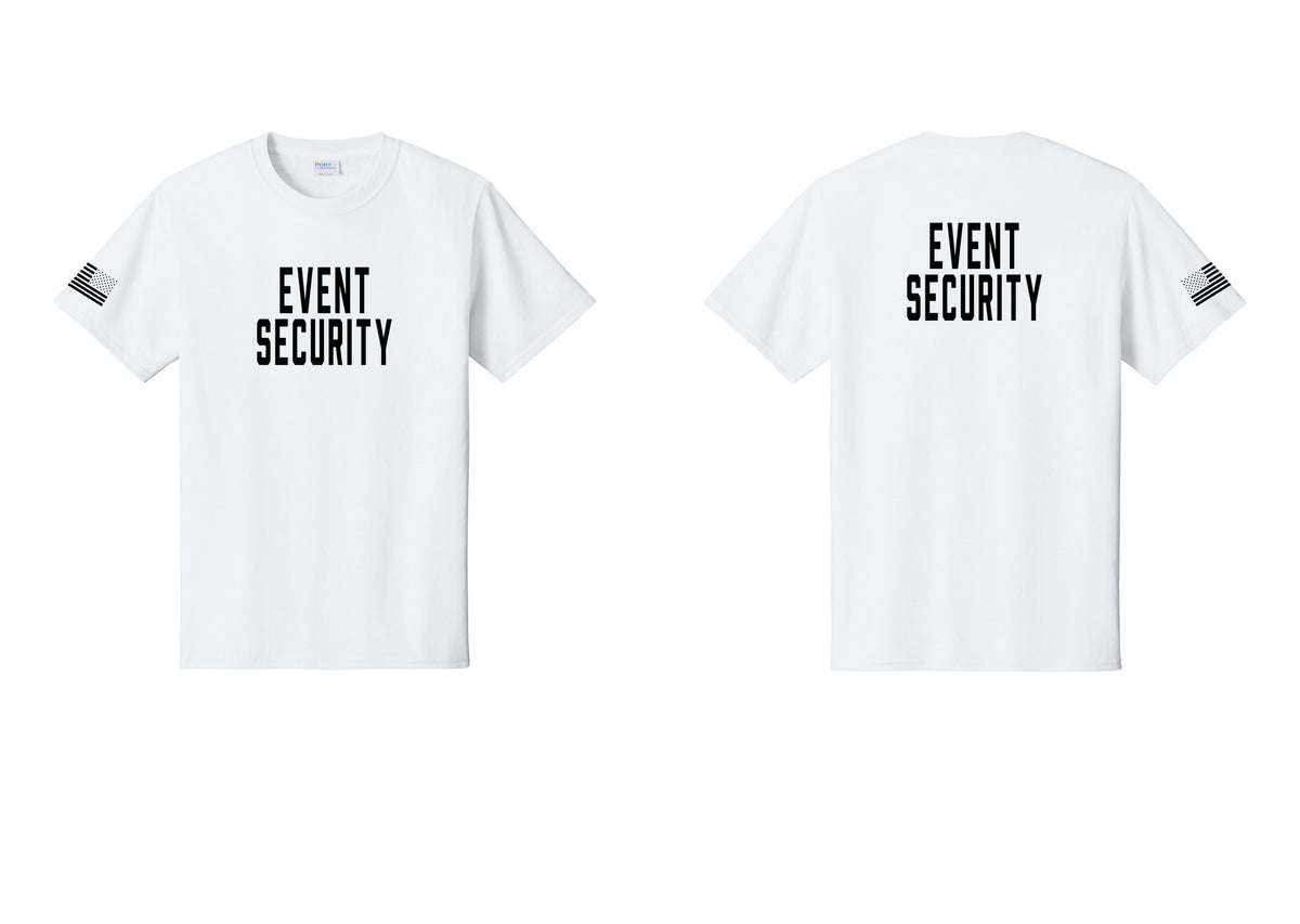 NYC Factory Event Security T-Shirt for Venues & Crowd Management (Classic) - Front + Back + US Flag Sleeve - White