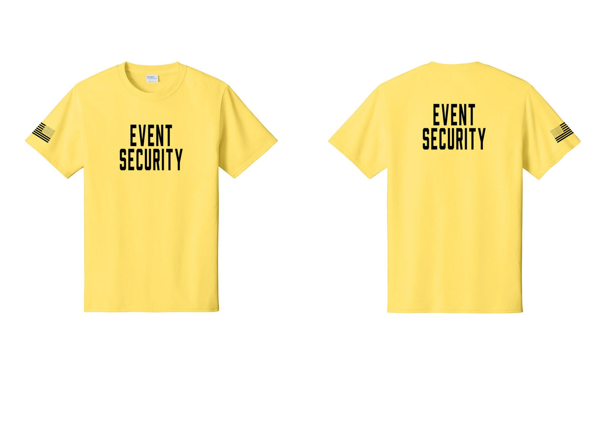 NYC Factory Event Security T-Shirt for Venues & Crowd Management (Classic) - Front + Back + US Flag Sleeve - Yellow