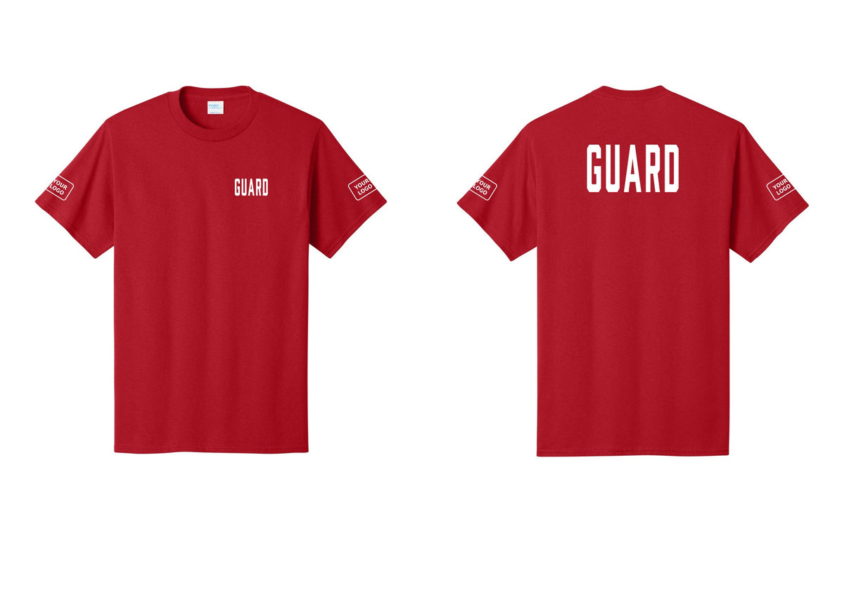 NYC Factory Custom Logo Guard T-Shirt, Condensed Lettering - Chest + Back + Your Logo Sleeves - Red