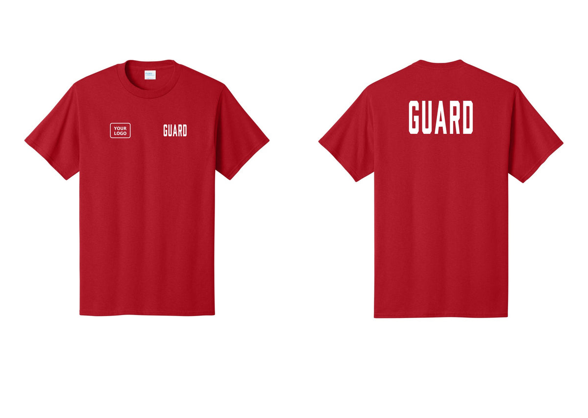 NYC Factory Custom Logo Guard T-Shirt, Condensed Lettering - GUARD + Your Logo + Back - Red