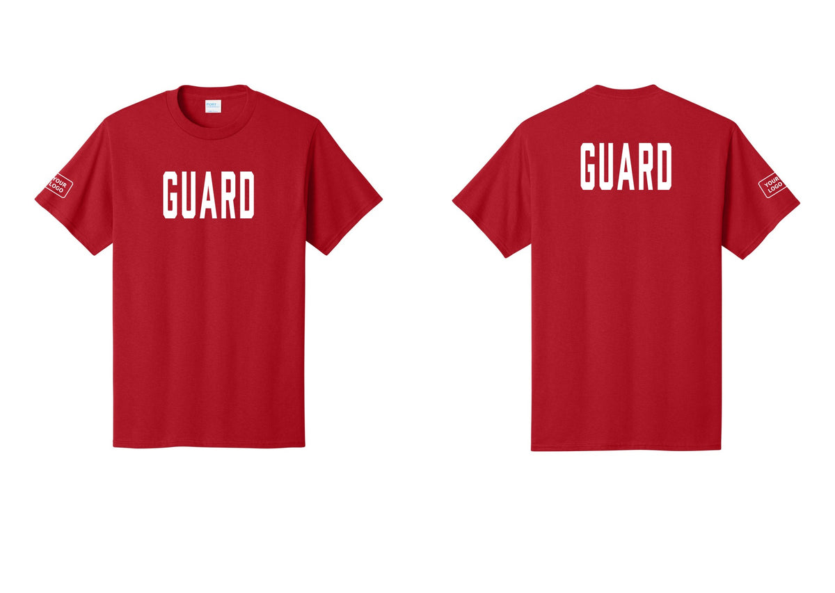 NYC Factory Custom Logo Guard T-Shirt, Condensed Lettering - Front + Back + Your Logo Sleeve - Red