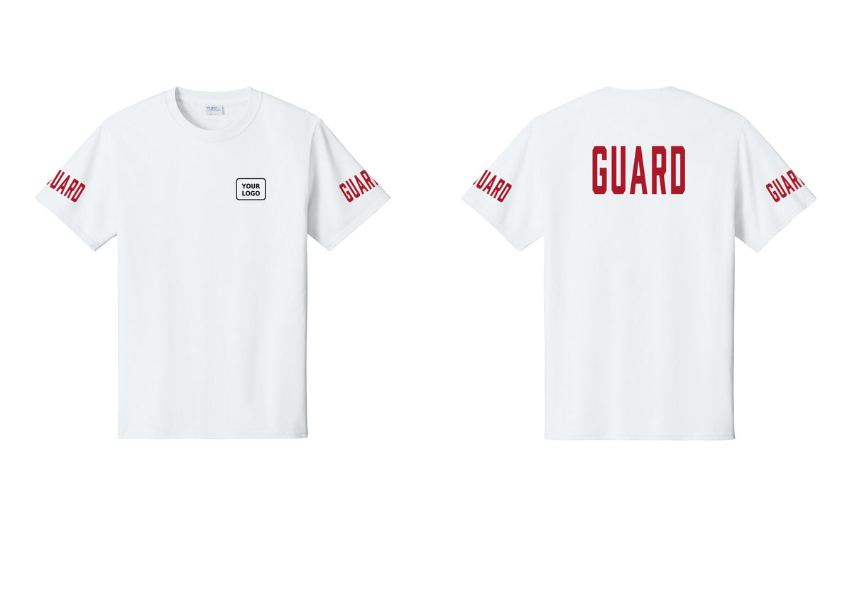 NYC Factory Custom Logo Guard T-Shirt, Condensed Lettering - Your Logo + Back + Guard Sleeves - White