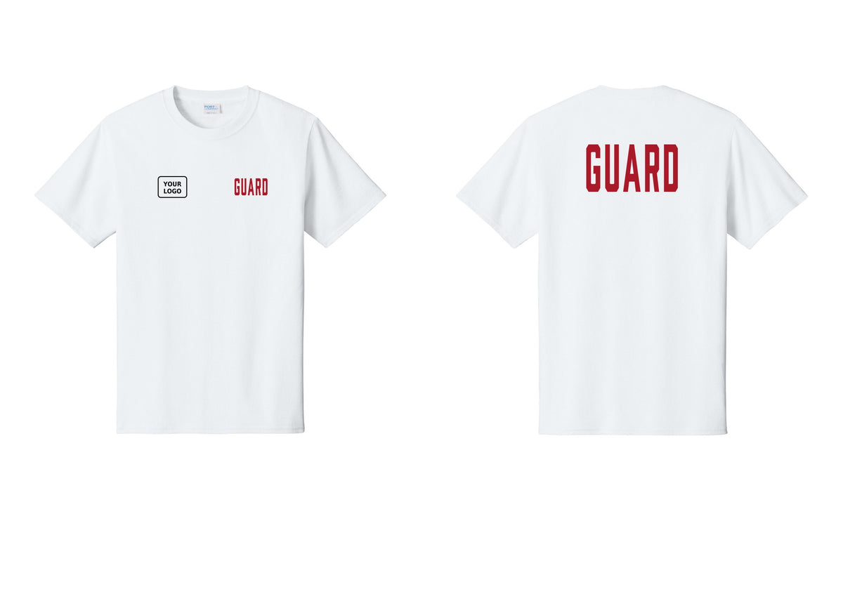NYC Factory Custom Logo Guard T-Shirt, Condensed Lettering - GUARD + Your Logo + Back - White