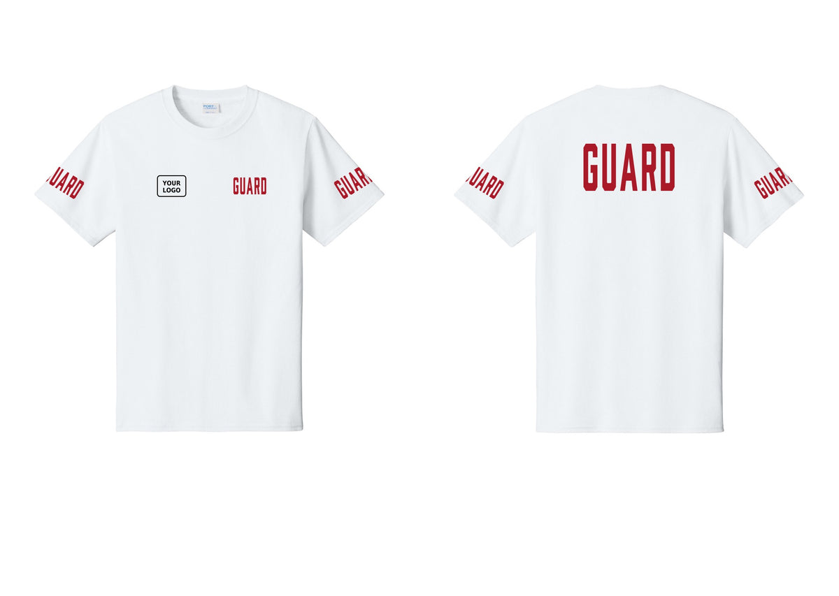NYC Factory Custom Logo Guard T-Shirt, Condensed Lettering - GUARD + Your Logo + Back + Guard Sleeves - White