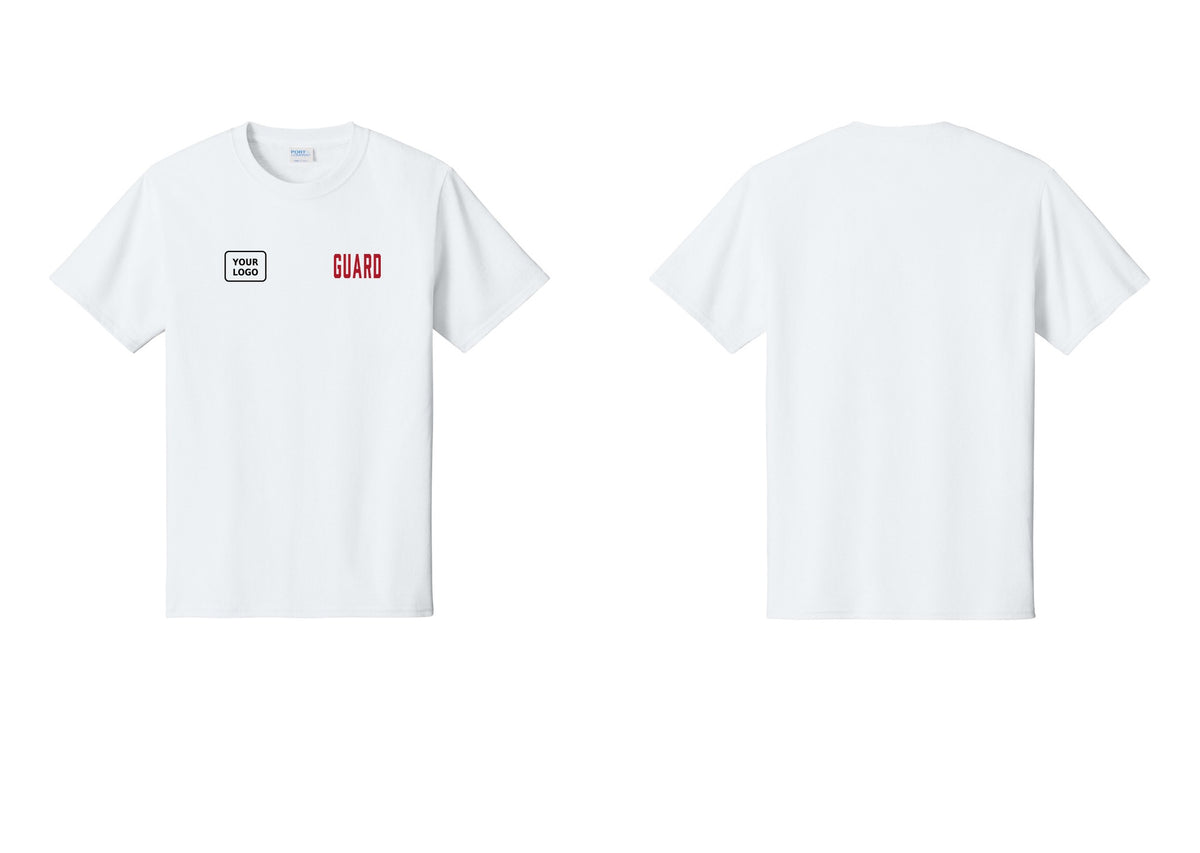 NYC Factory Custom Logo Guard T-Shirt, Condensed Lettering - GUARD + Your Logo - White