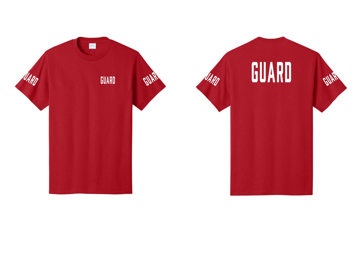 NYC Factory Guard T-Shirt, Condensed Lettering - Chest + Back + Guard Sleeves - Red