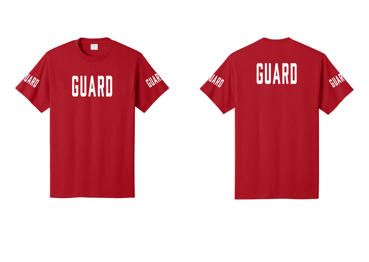 NYC Factory Guard T-Shirt, Condensed Lettering - Front + Back + Guard Sleeves - Red