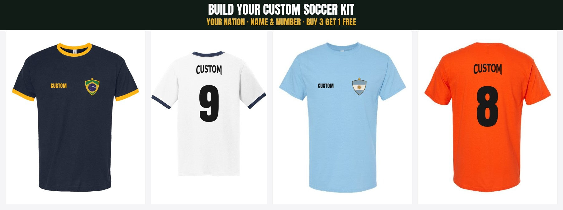 Build your own custom 2026 soccer kit — crest or classic, name and number