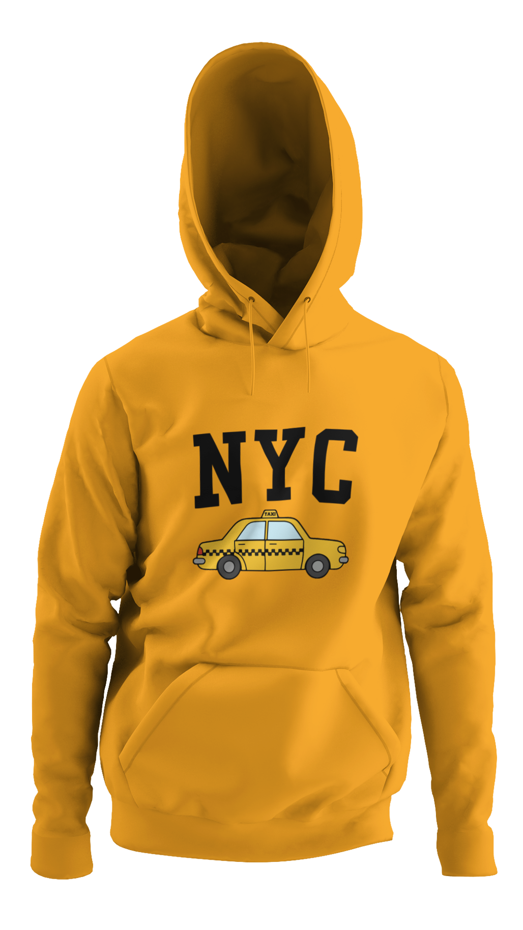 Yellow hoodie with 'NYC' and taxi graphic on a white background
