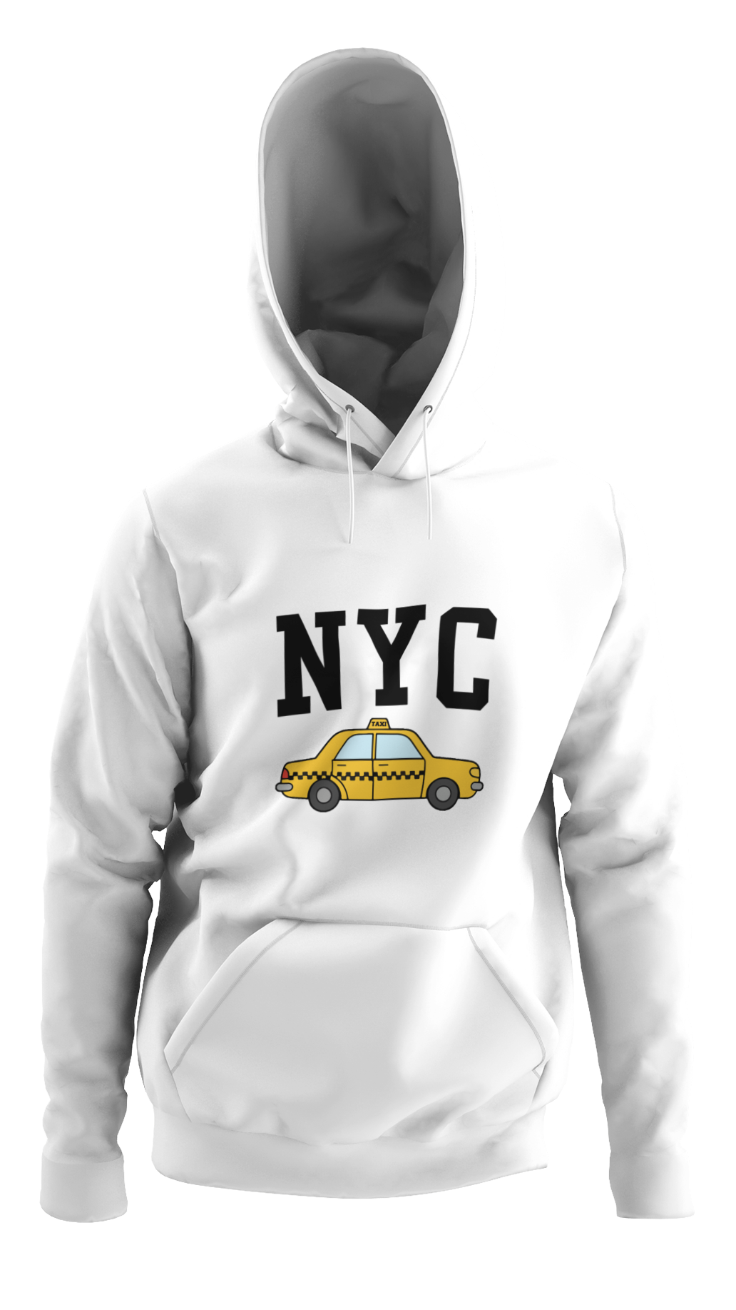 Mens White hoodie with 'NYC' and taxi graphic on a white background