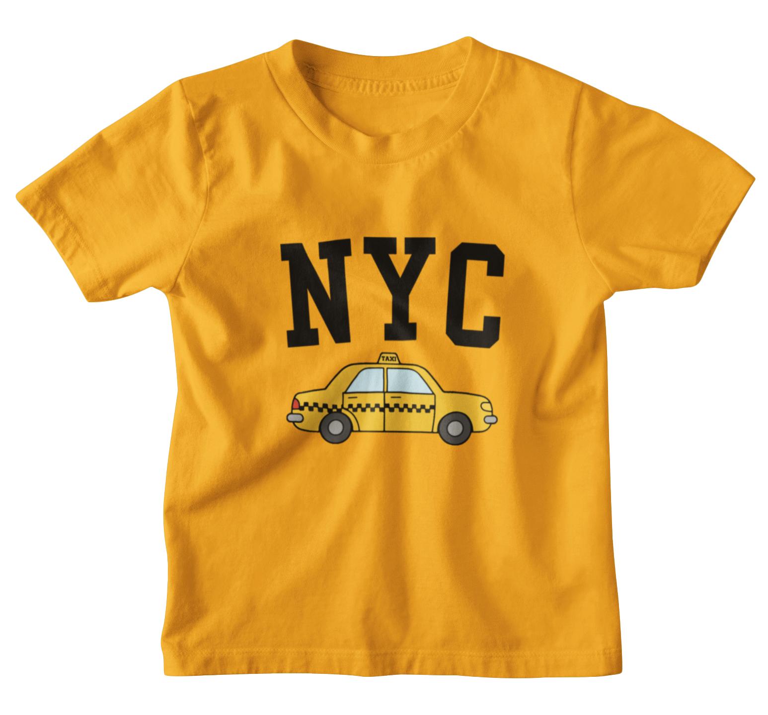Yellow kids t-shirt with 'NYC' and taxi graphic on a white background