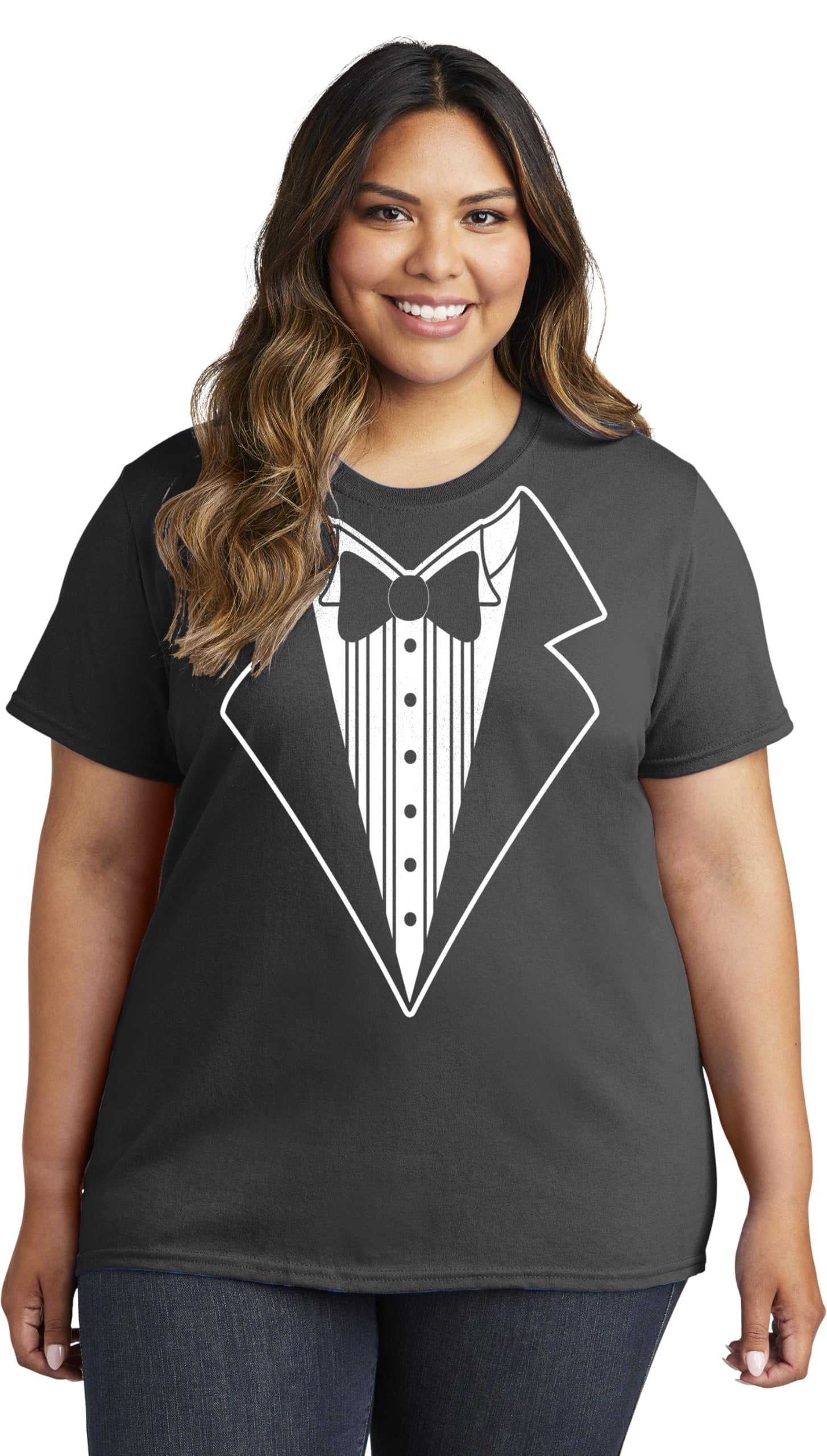 Ladies Faux Tuxedo T-Shirt (Charcoal, Bowtie)