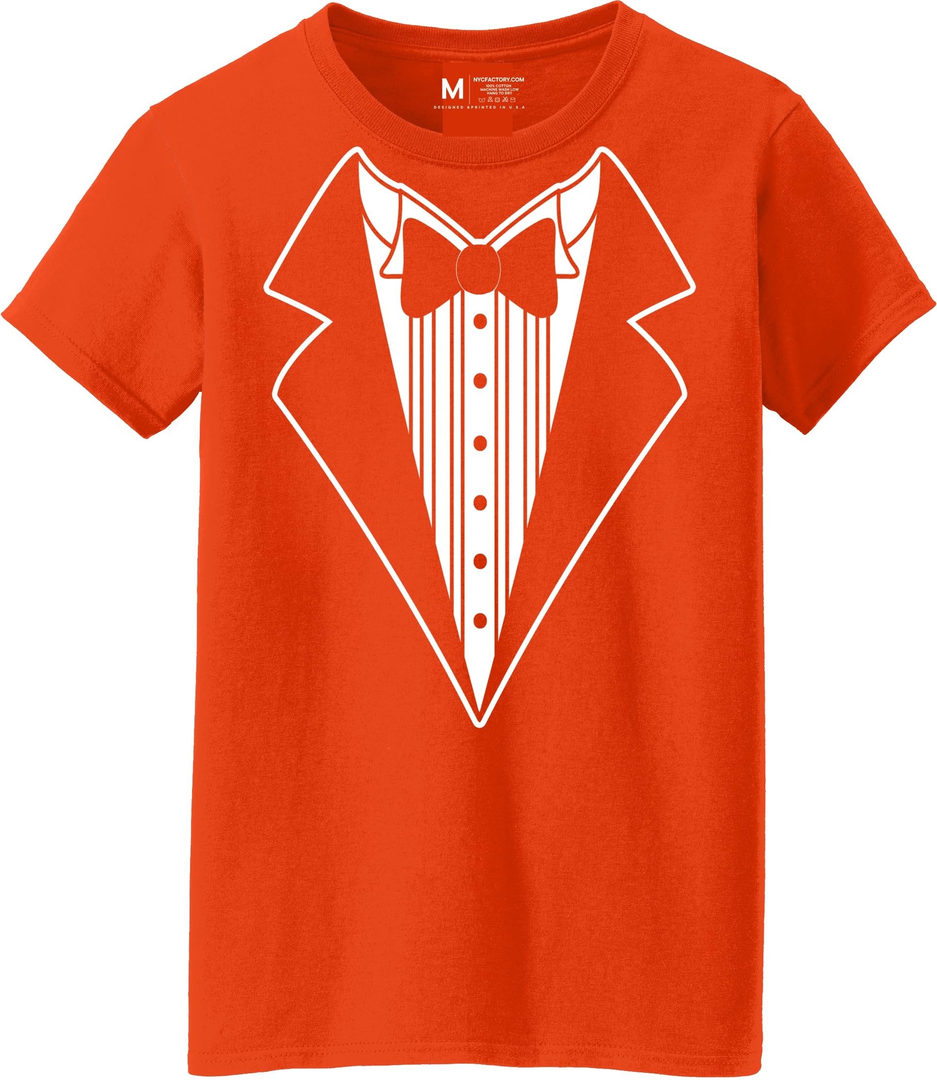 Ladies Faux Tuxedo T-Shirt (Orange, Bowtie)