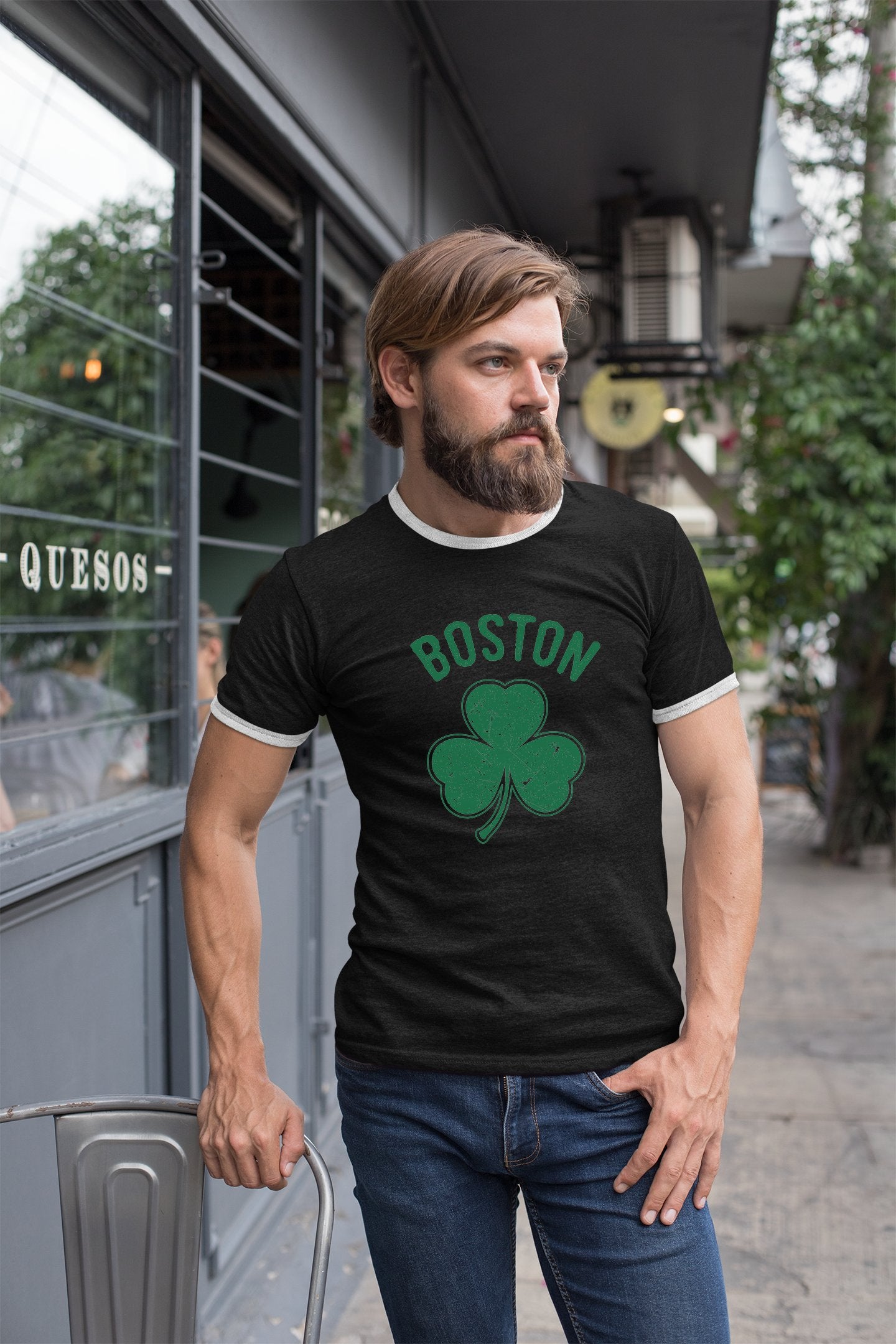 Irish Boston Shamrock Design Custom Mens Ringer T-Shirt Customized Tee